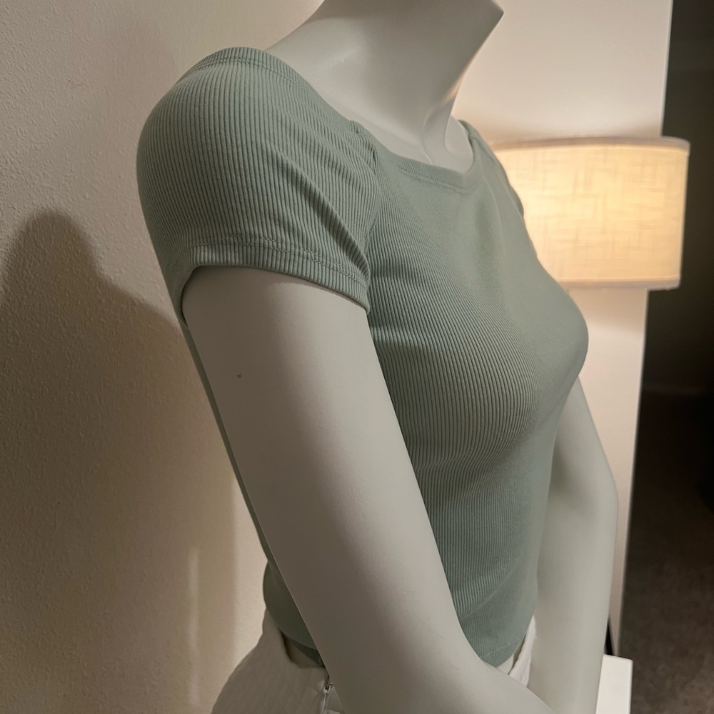 Mint Green Ribbed Off-Shoulder Top - Picture 2 of 5